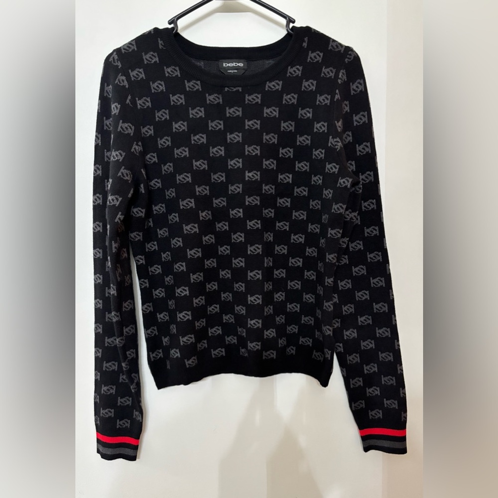 BEBE Women Brand Graphic Logo Black Crewneck Sweater Size Large